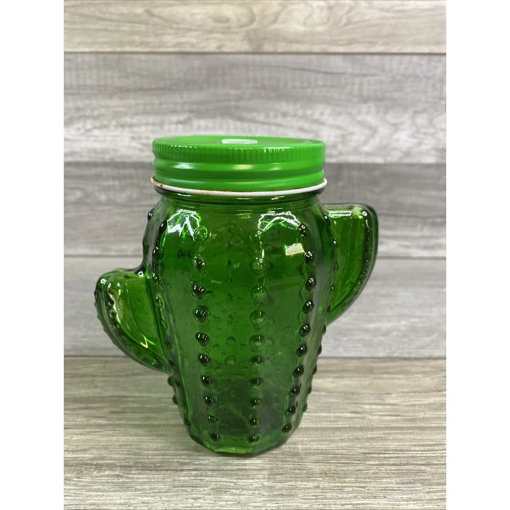Green cactus-shaped glass mason jar‎ with a lid No Straw 5.5